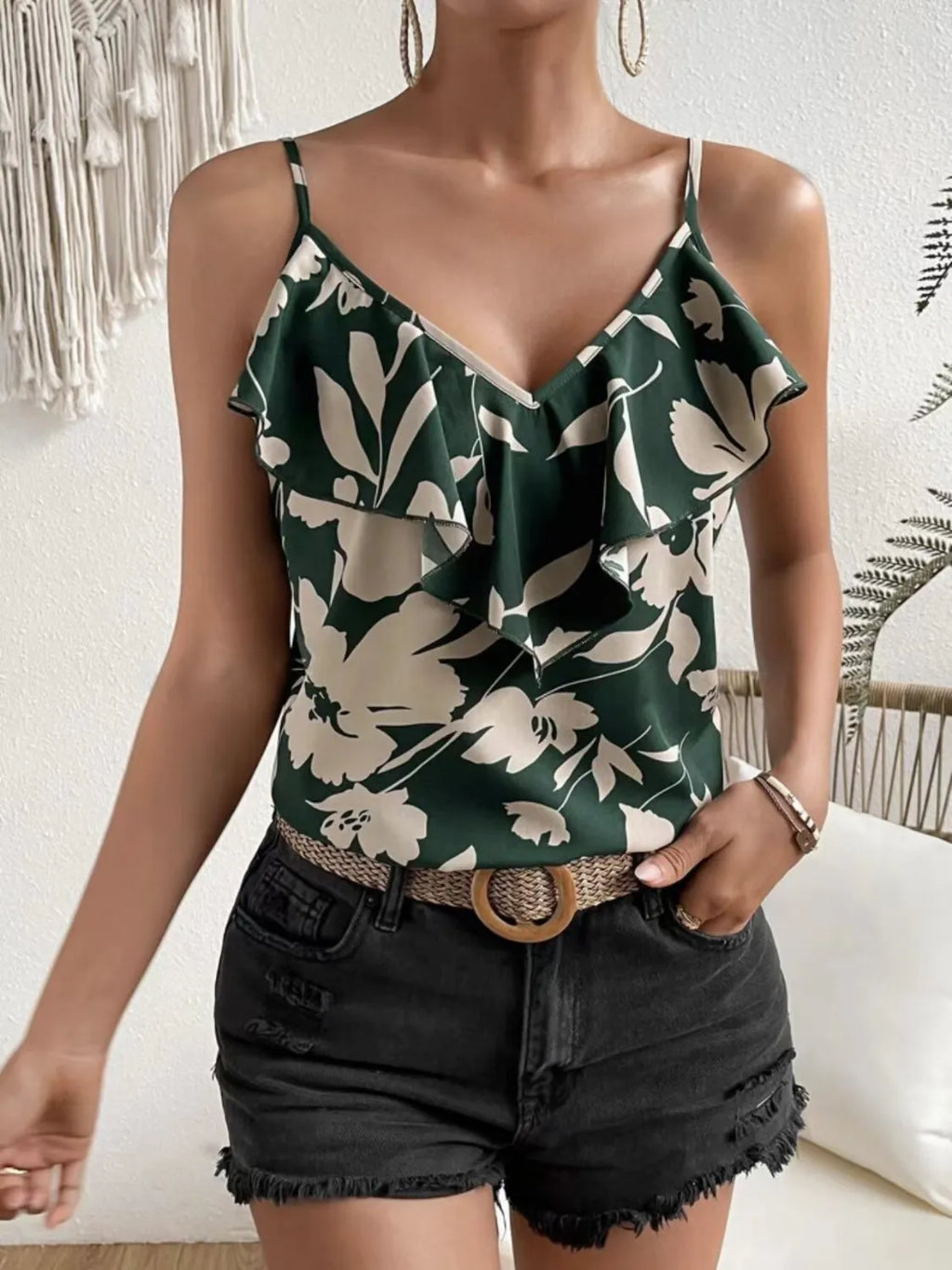 Sleeveless Ruffled Printed V-Neck Cami Top