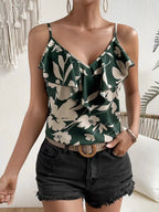 Sleeveless Ruffled Printed V-Neck Cami Top