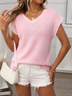 Short Sleeve Contrast Trim V-Neck Knit Top