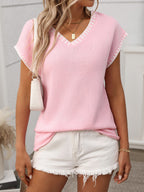Short Sleeve Contrast Trim V-Neck Knit Top