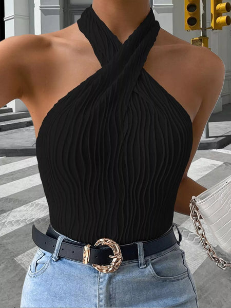 Sleeveless Front Criss Cross Textured Halter Neck Top