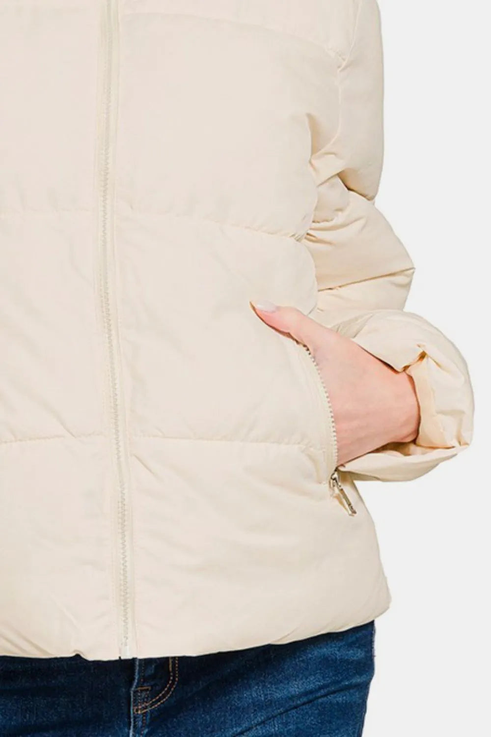 Zenana Zip Up Turtleneck Puffer Jacket with Pockets Cream