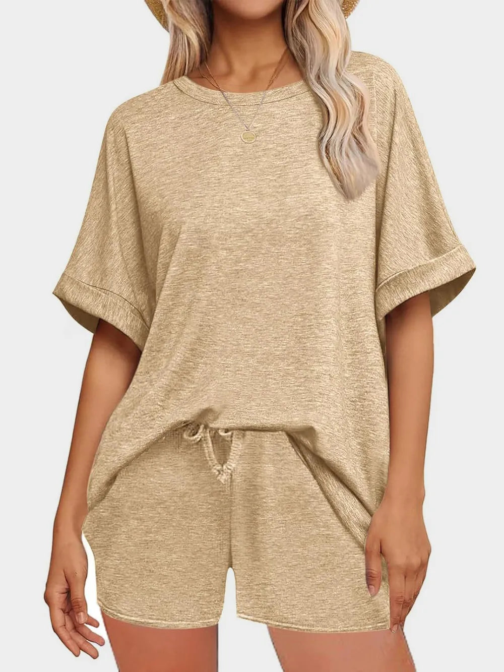 Short Sleeve Round Neck Drawstring Shorts Set