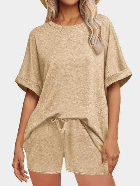 Short Sleeve Round Neck Drawstring Shorts Set