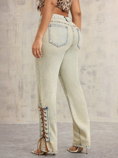 Women's Lace-Up High Rise Jeans