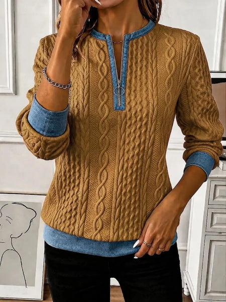 Denim Contrast Trim Quarter Zipper Sweatshirt
