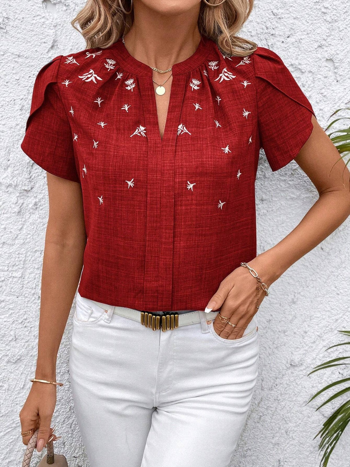 Floral Notched Short Sleeve Blouse