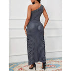 Striped One Shoulder Spring and Summer Dress