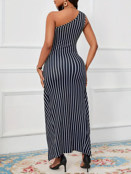 Striped One Shoulder Spring and Summer Dress