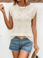 Women's Eyelet Round Neck Cap Sleeve Top
