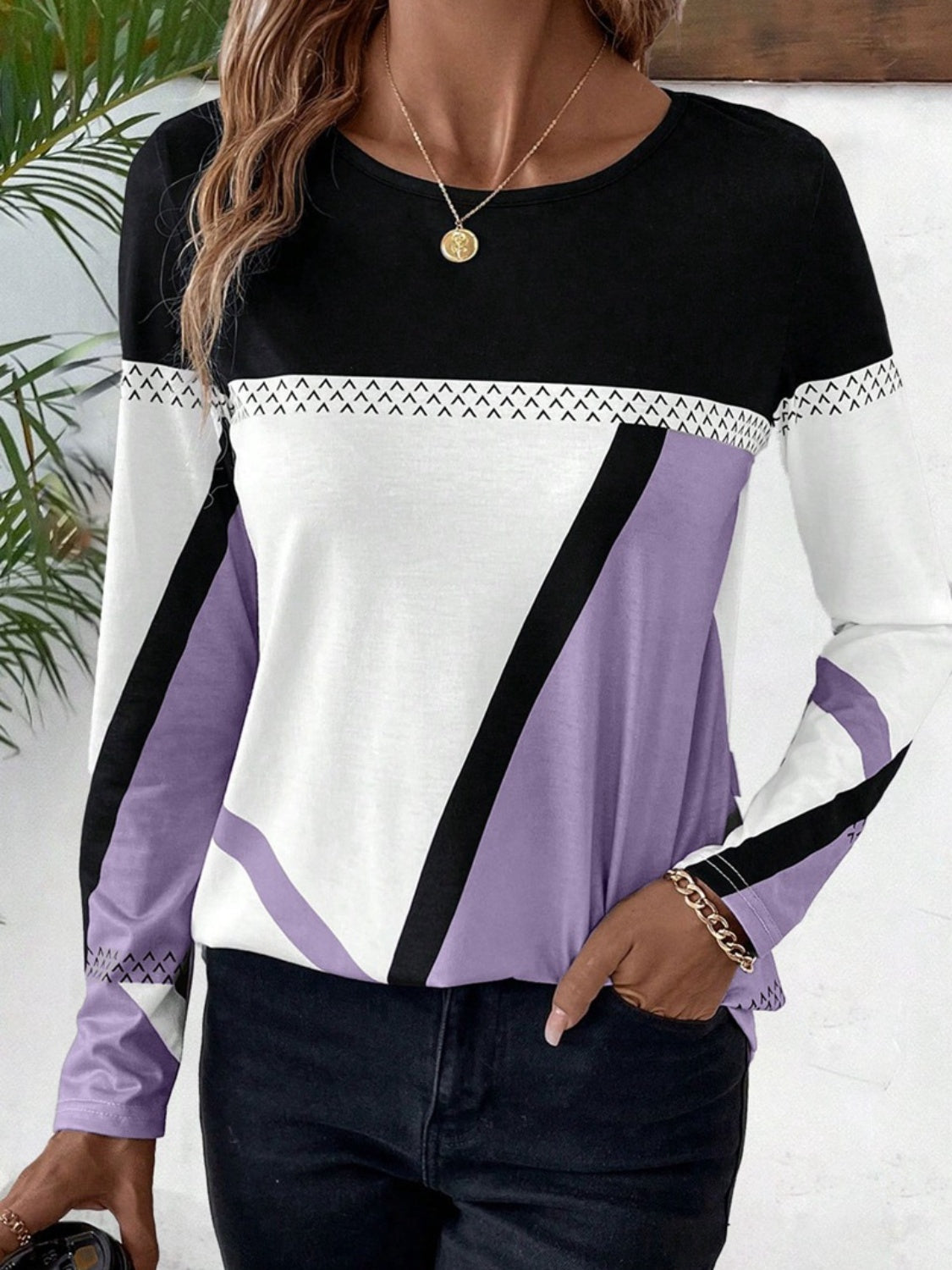 Contrast Round Neck Long Sleeve Top