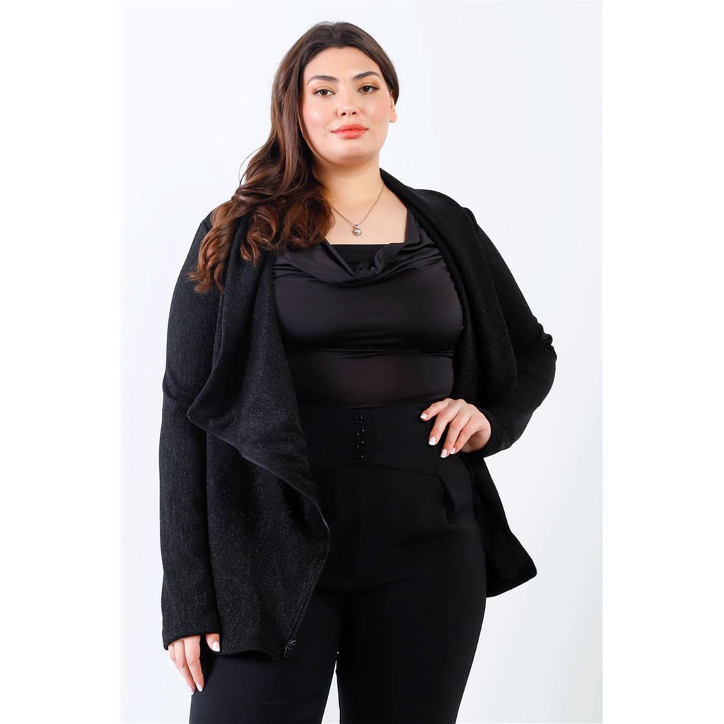 Plus Size Black Lurex Draped Collar Side Zip Up Jacket