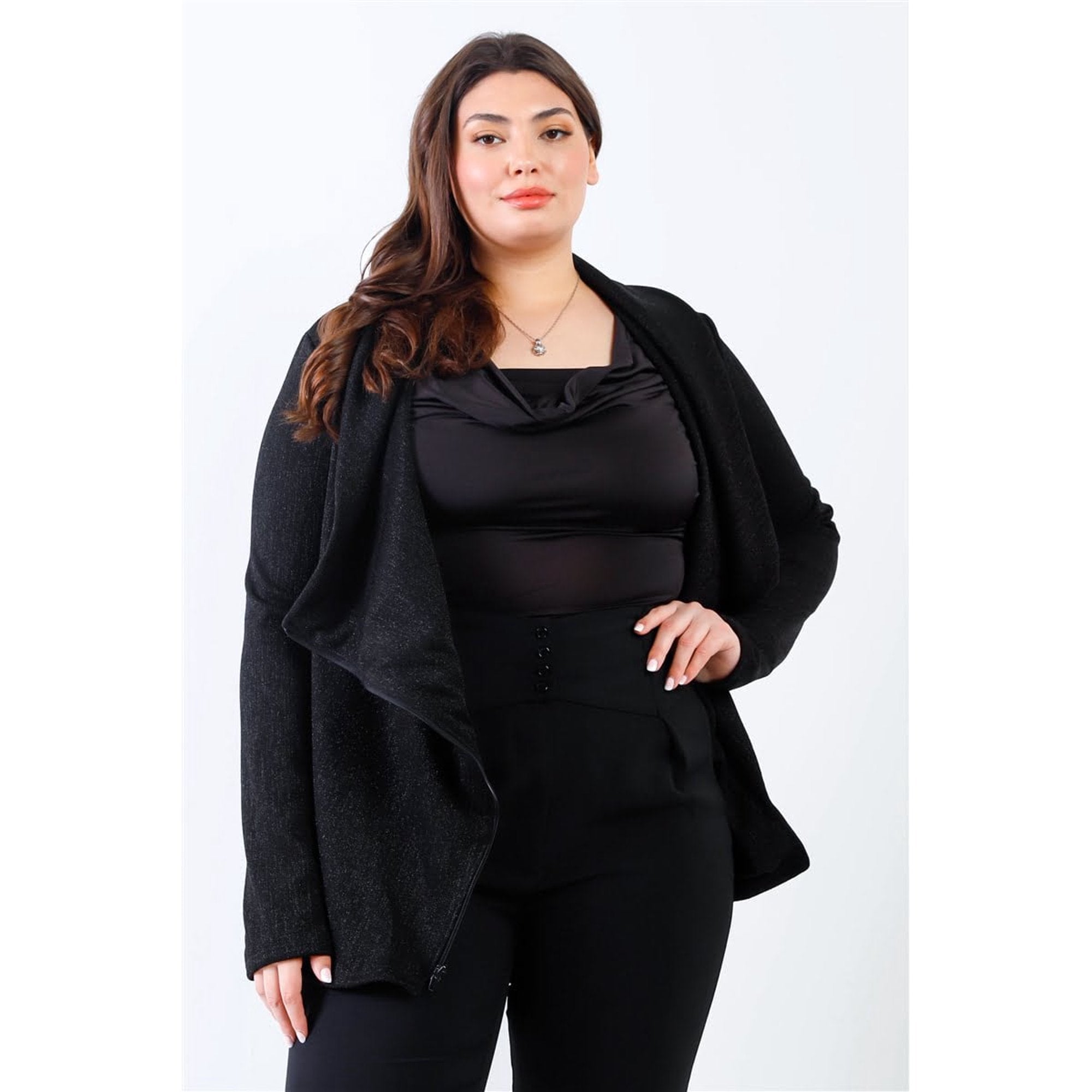 Plus Size Black Lurex Draped Collar Side Zip Up Jacket