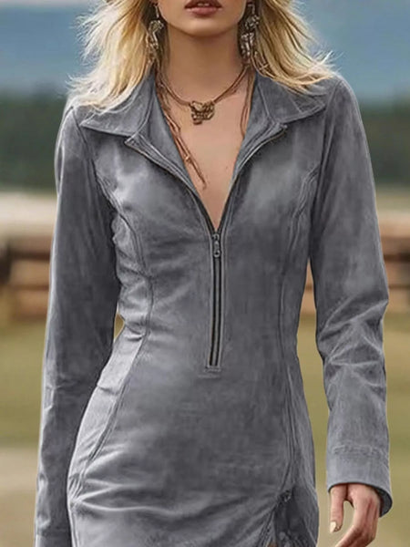 Long Sleeve Fringe Hem Zip Front Bodycon Dress