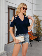 Short Sleeve V-Neck Cold Shoulder Top