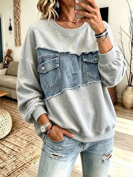 Long Sleeve Denim Patchwork Dropped Shoulder Sweatshirt