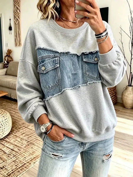 Long Sleeve Denim Patchwork Dropped Shoulder Sweatshirt