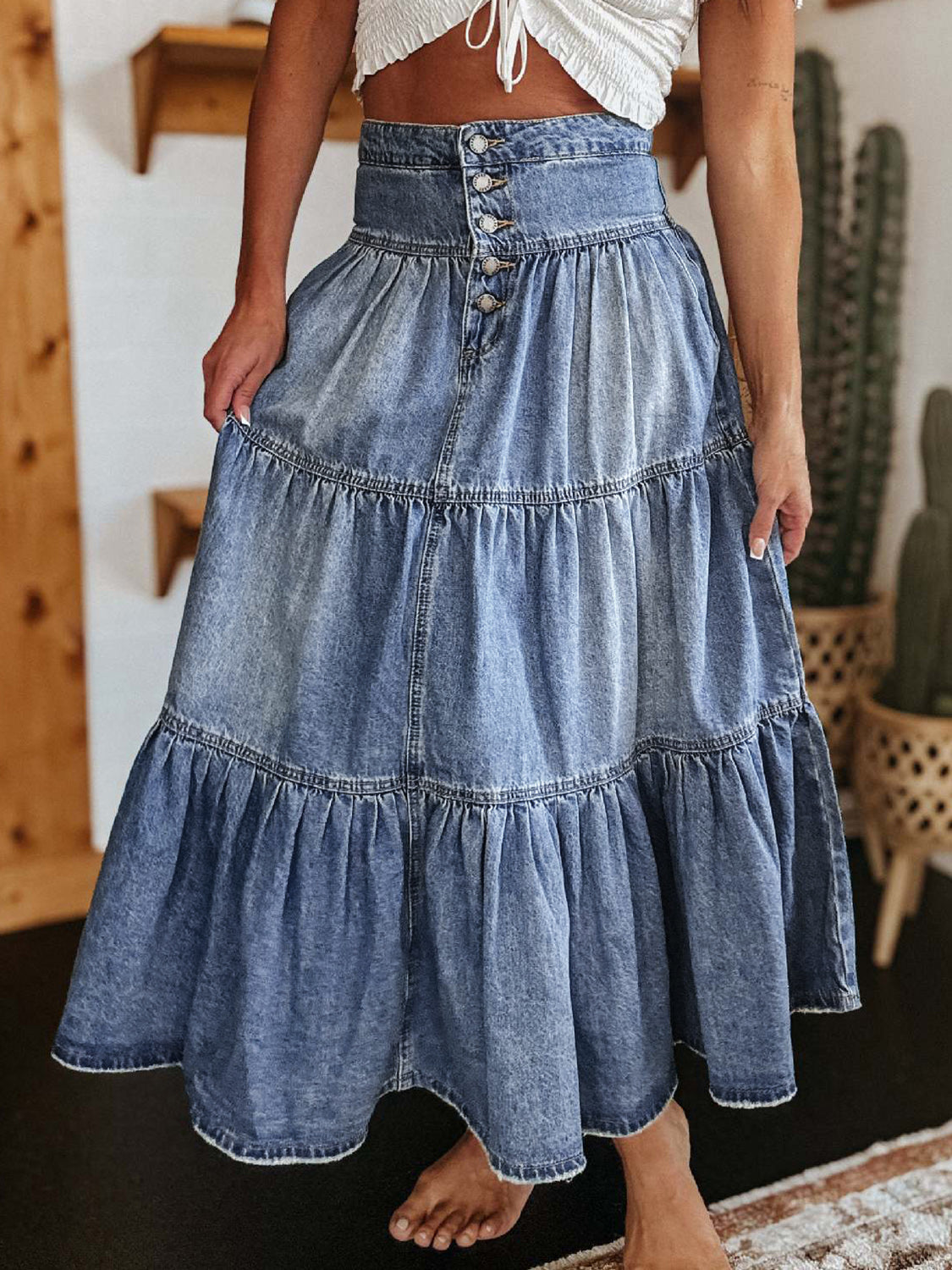 Women's Tiered Button-Fly Denim Skirt