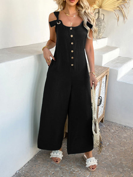 Sleeveless Button Front Knotted Strap Wide Leg Jumpsuit