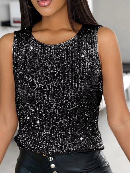 Sleeveless Sequin Round Neck Tank Top