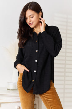 Double Take Waffle-Knit Collared Neck Shirt