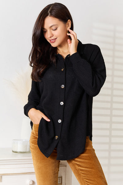 Double Take Waffle-Knit Collared Neck Shirt