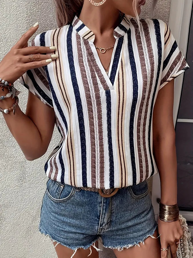Short Sleeve Striped Notched Top