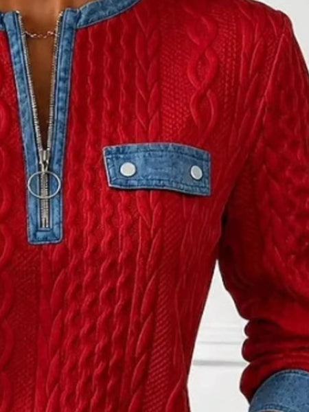 Denim Contrast Trim Quarter Zipper Sweatshirt