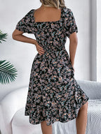 Ruffled Hem Floral Puff Sleeve Dress