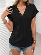 Short Sleeve Button Detail V-Neck Top