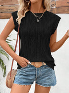 Women's Eyelet Round Neck Cap Sleeve Top