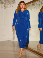 Plus Size Long Sleeve Surplice Neck Slit Dress