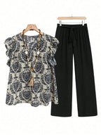 Cap Ruffled Seeve Top and Pants Set