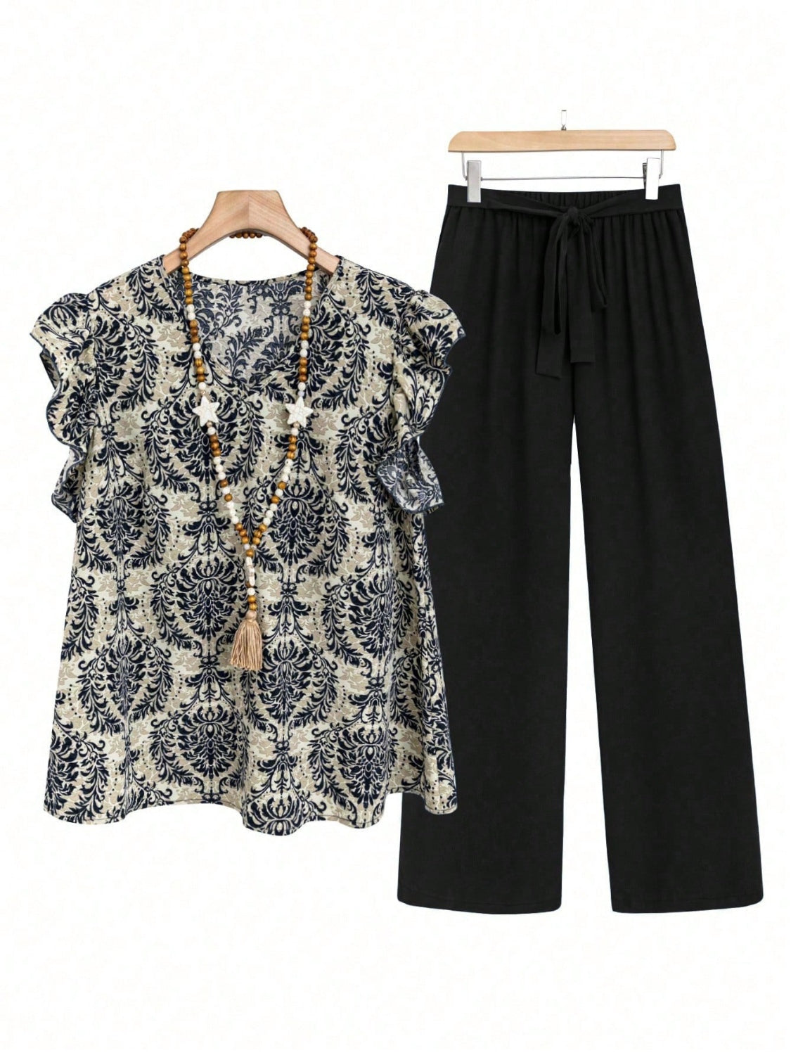 Cap Ruffled Seeve Top and Pants Set