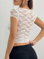 Cap Sleeve Plunge Lace Crop Top