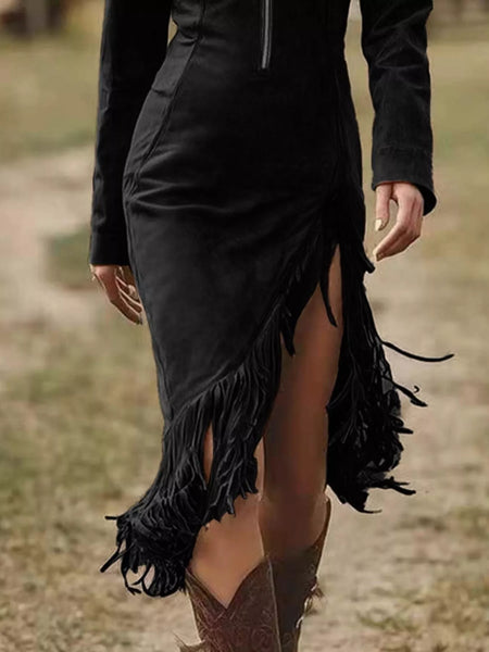 Long Sleeve Fringe Hem Zip Front Bodycon Dress