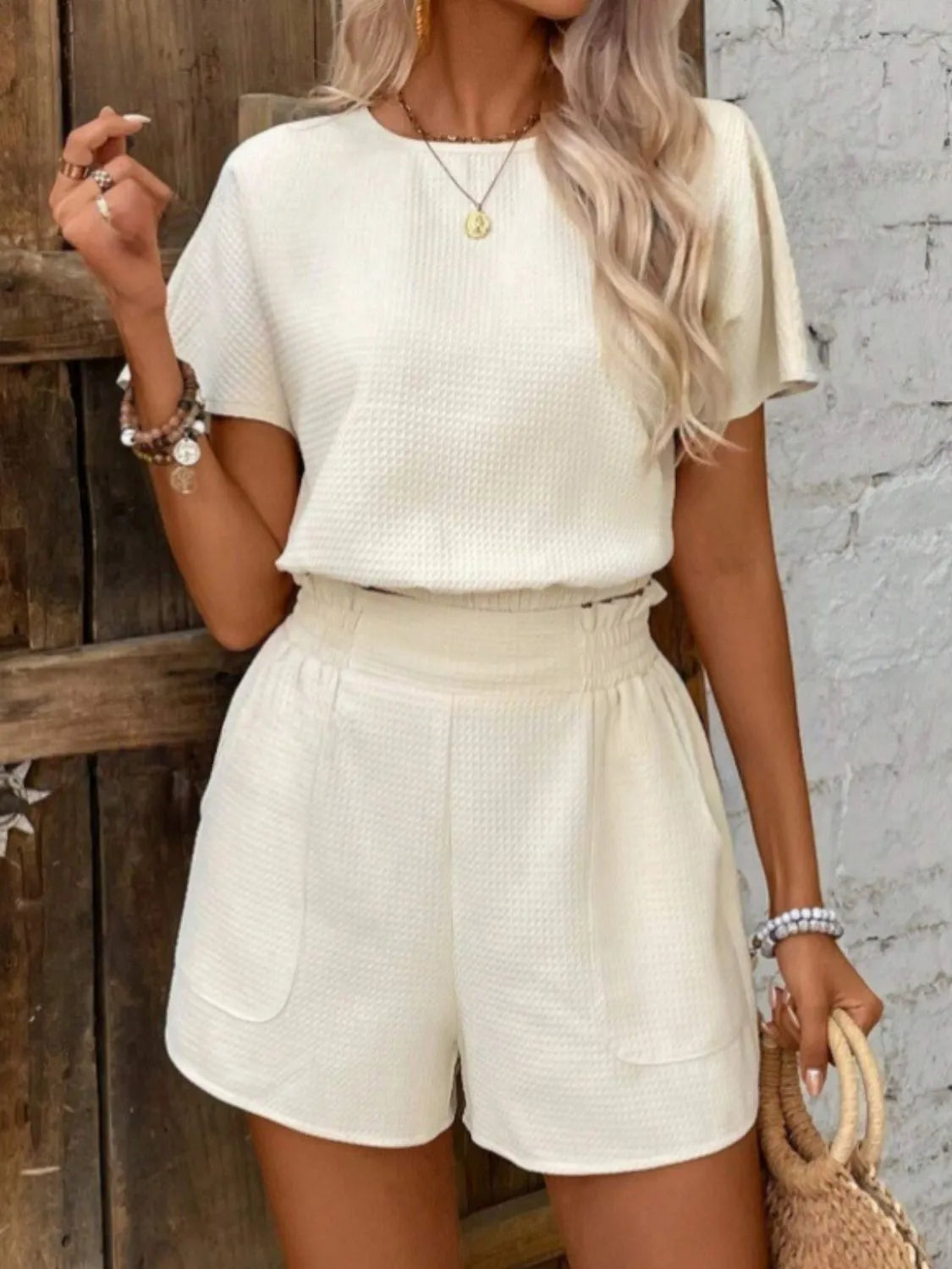 Short Sleeve Round Neck Top and Shorts Set