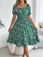 Ruffled Hem Floral Puff Sleeve Dress