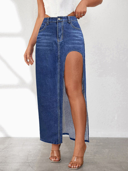 Women's High Rise Slit Denim Skirt