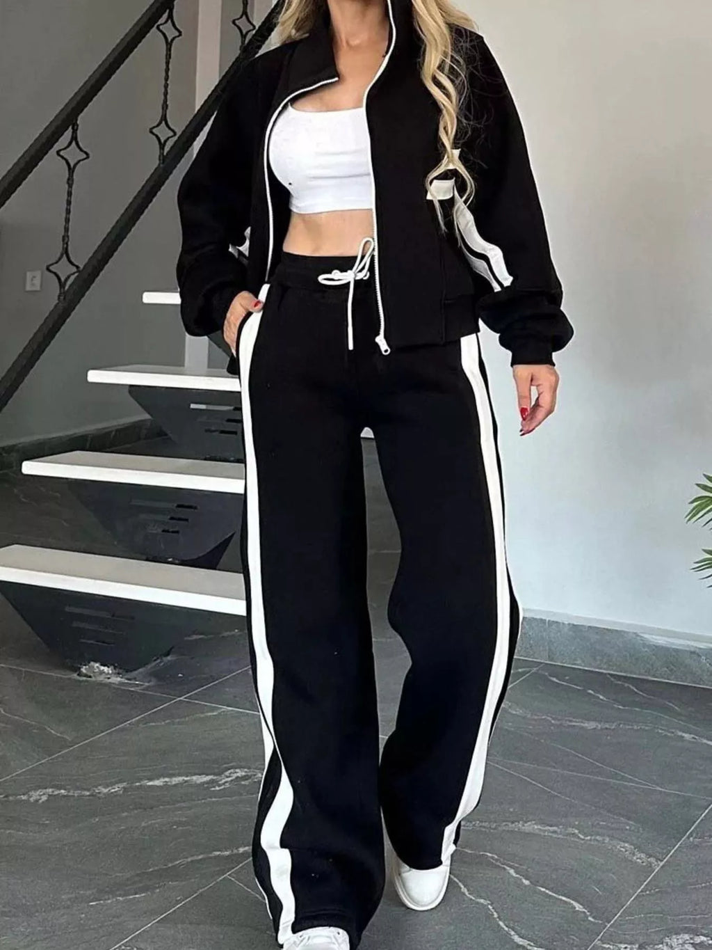 Women Striped Zip Up Outerwear And Pants Set