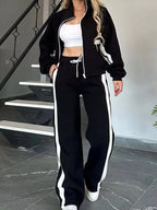 Women Striped Zip Up Outerwear And Pants Set