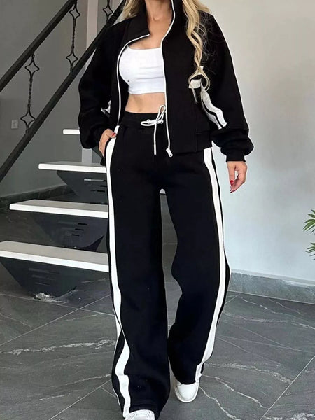 Women Striped Zip Up Outerwear And Pants Set