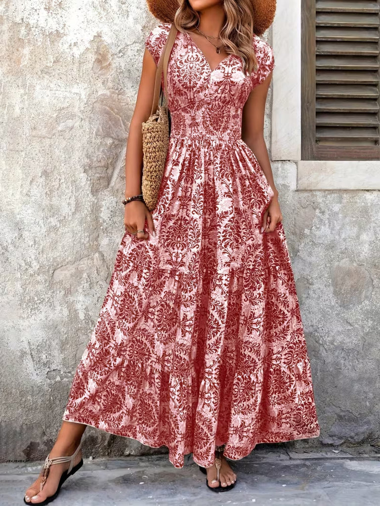 cap sleeve maxi dress Printed Cap Sleeve Maxi Dress Red / S
