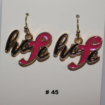 Pair of hope handmade earrings with pink ribbon design 