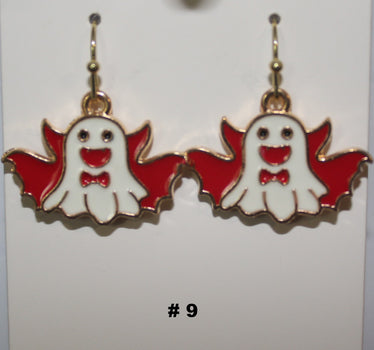 Pair of handmade ghost earrings with red wings 