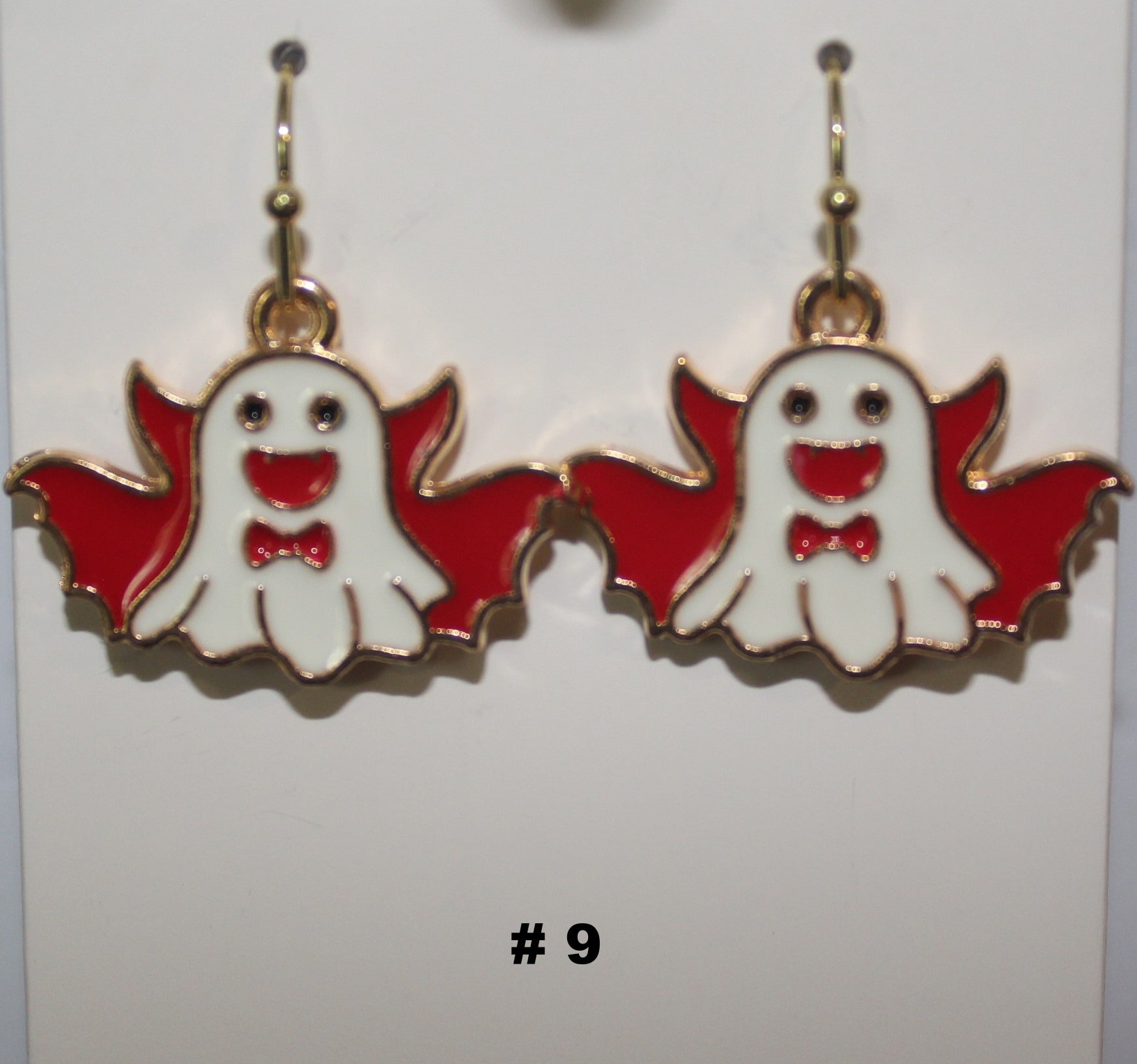 Pair of handmade ghost earrings with red wings 