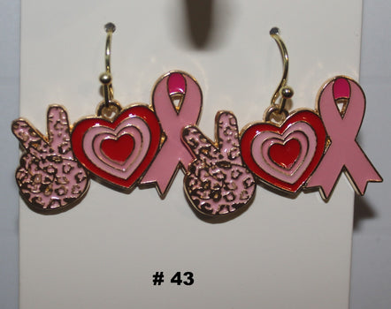 Handmade PinK Heart Peace Sign Breast Cancer Earrings