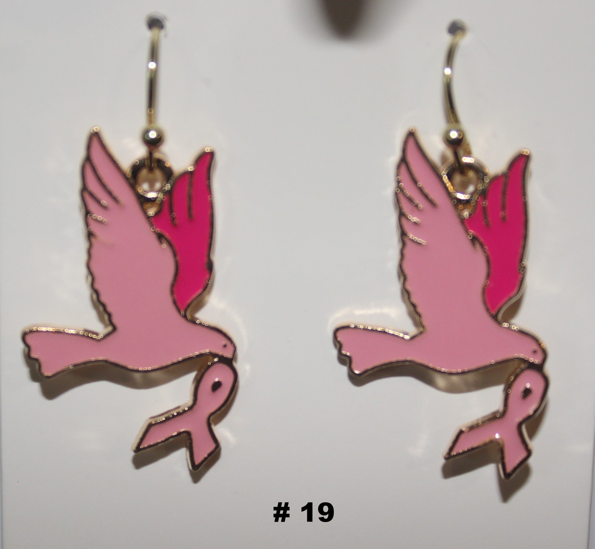 Pink Flying Dove with Ribbon breast cancer earrings