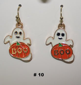 Halloween-themed ghost earrings with pumpkins and 'BOO' text 