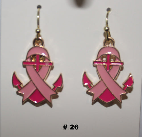 Beautiful Pink Ribbon Twist Around A Boat Anckor Breast Cancer Earrings
